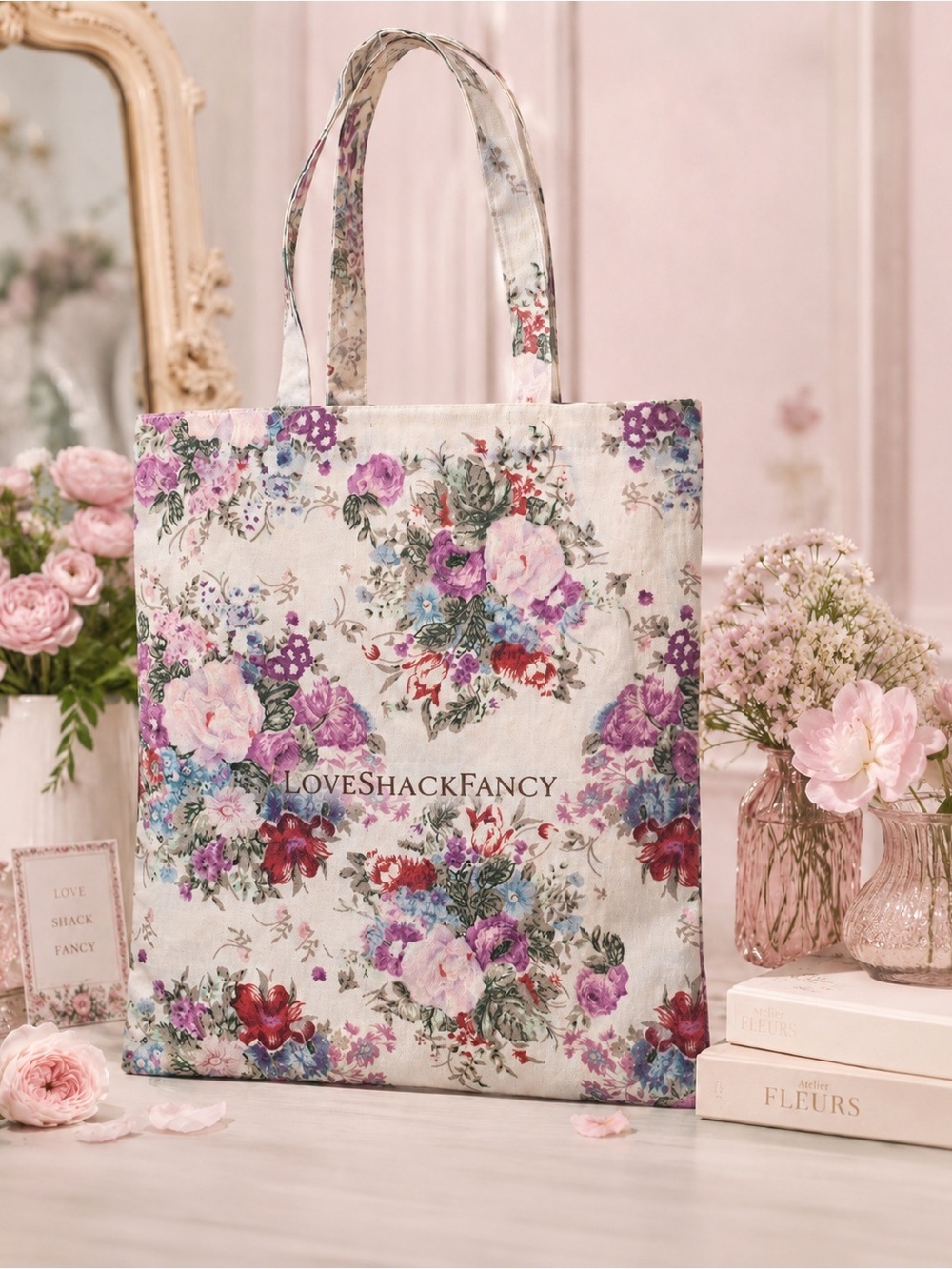 LoveShackFancy Purple and Pink Floral Tote